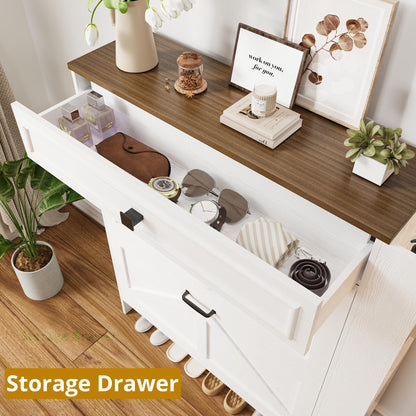 IRONCK Shoe Storage Cabinet with 2 Flip Drawers & Barn Door, White/Walnut