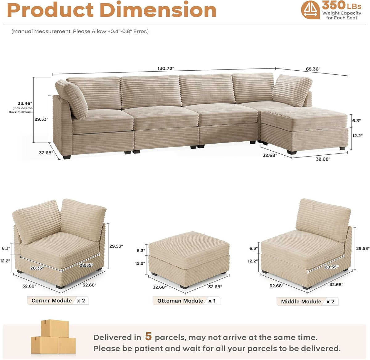 ovios Sectional Sofa Couch with L-Shape Chaise Ottoman, Comfy Modular Cloud Couches with Deep Seat