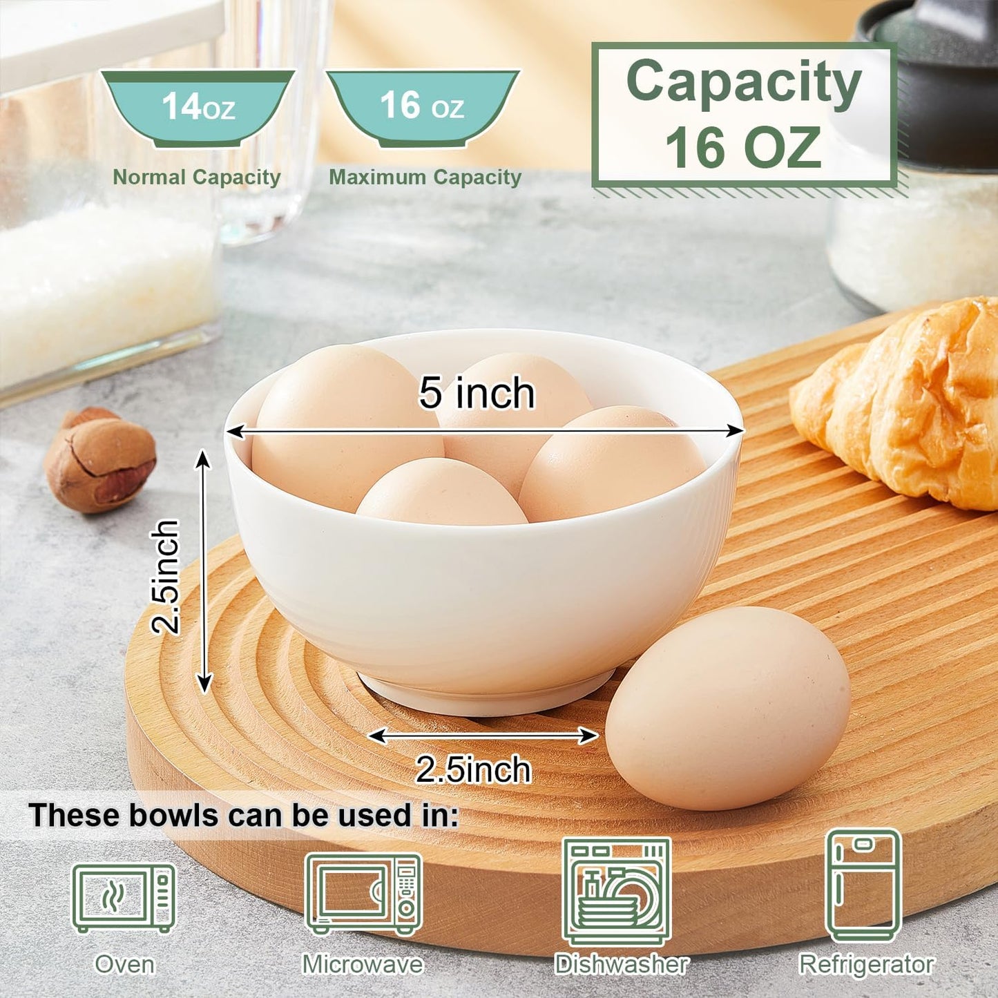 5 Inch Ceramic Cereal Bowls, 16 Ounces Small Bowls Set of 6,White Dipping Bowls for