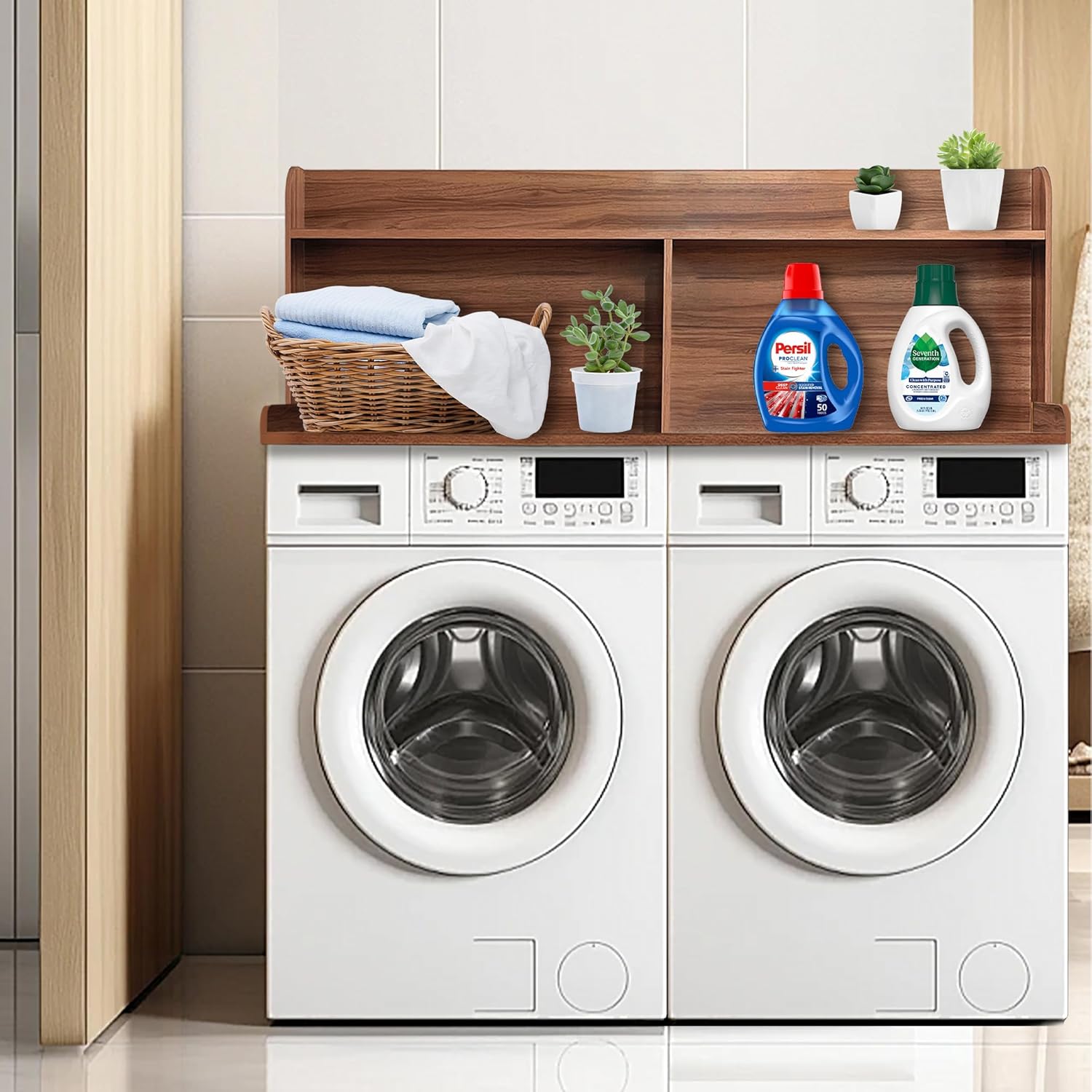 Royxen 2-Tier Washer Dryer Countertop,19.5" H Wood Washer and Dryer Topper with Shelf,Laundry