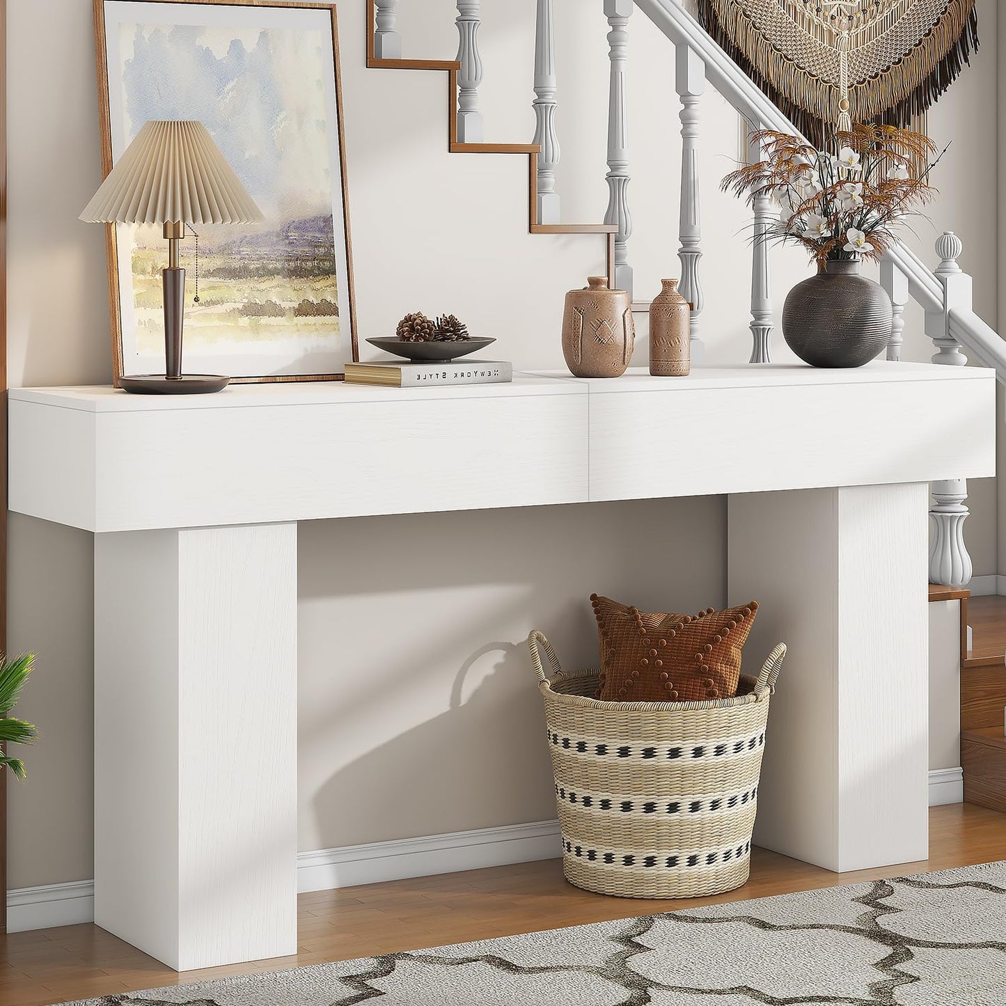 63 Inch Long Console Table for Entryway, Farmhouse Wood Rectangular Sofa Table Behind Couch Table