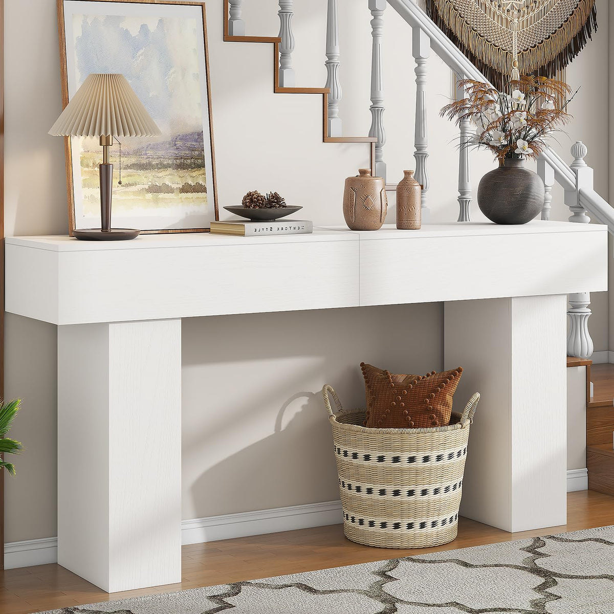 63 Inch Long Console Table for Entryway, Farmhouse Wood Rectangular Sofa Table Behind Couch Table