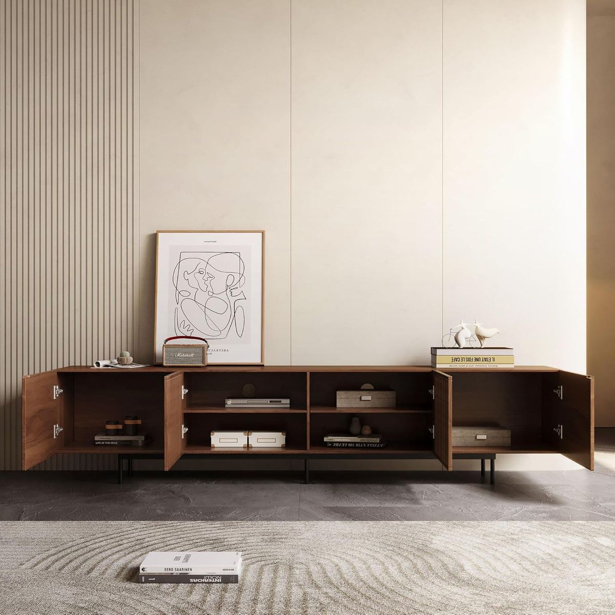 Mid Century Modern TV Stand for 80+ Inch TVs, 94.48" Walnut Console with Ample Storage – Stylish