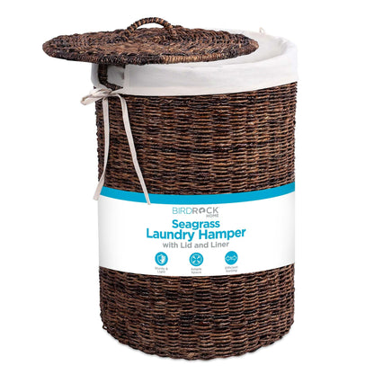 BIRDROCK HOME Seagrass Laundry Hamper with Lid & Liner - Handwoven Round Basket with Handles for