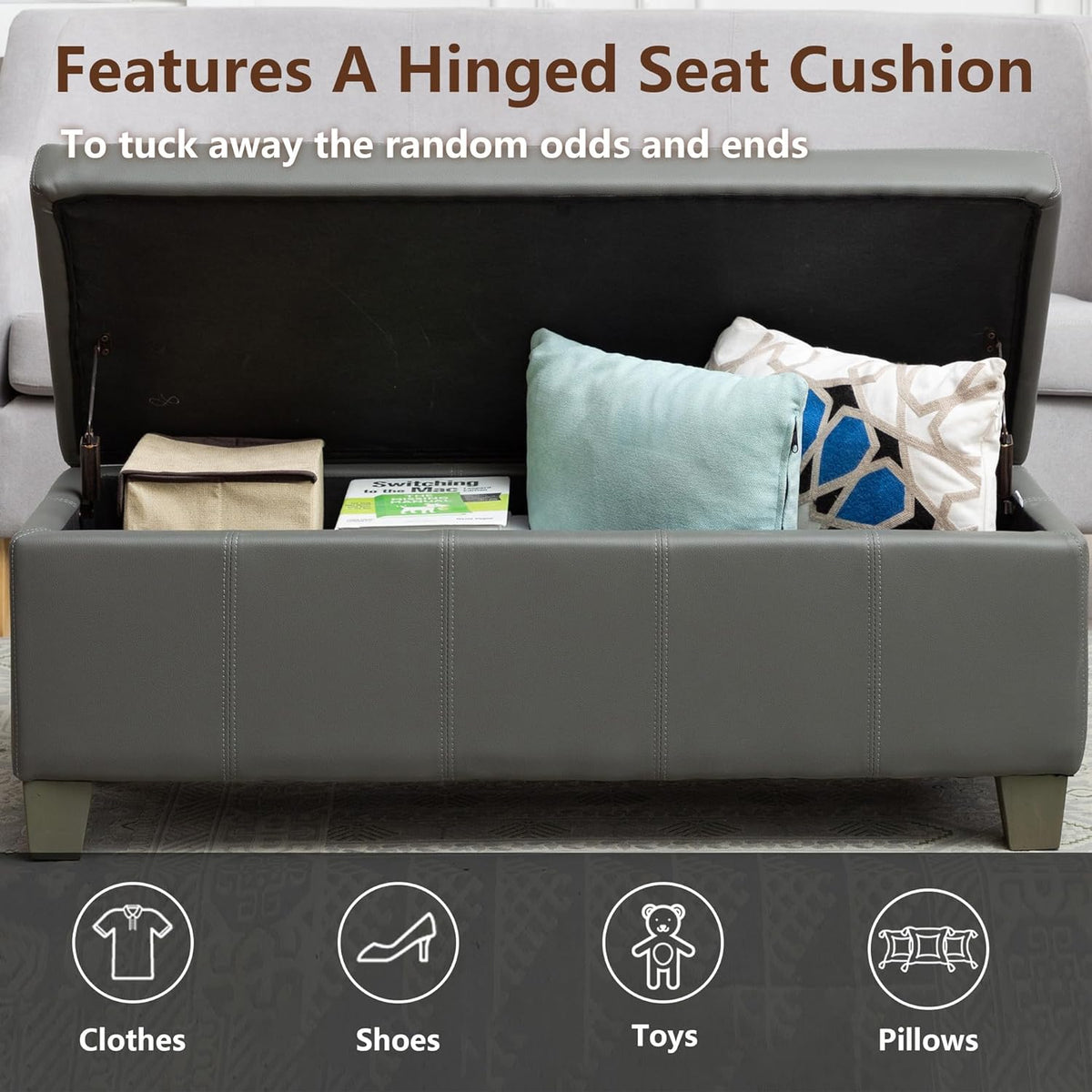 51 Inch Faux Leather Ottoman with Storage, End of Bed Bench with Large Storage, Rectangular Extra