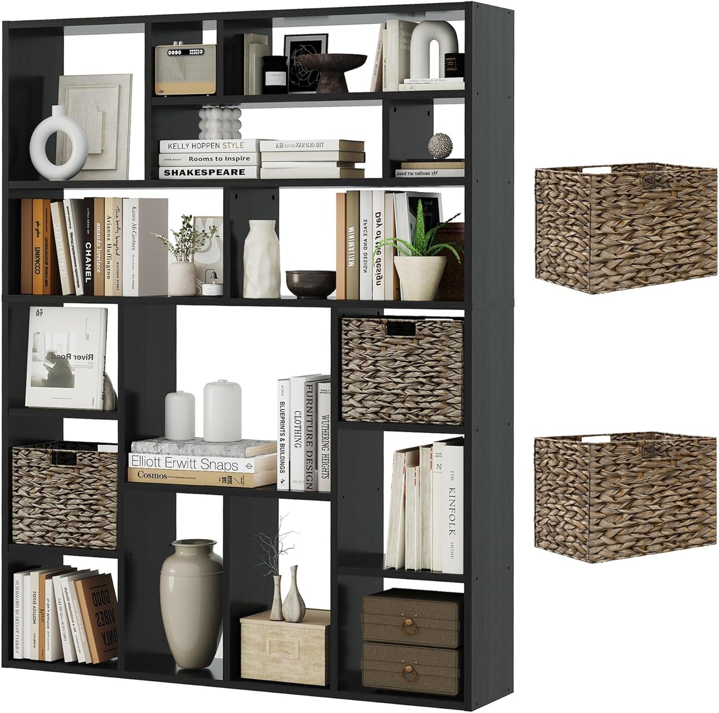 71” Tall Open Black Bookcase with Baskets, Free-Standing 6-Tier Wooden Display Storage Bookshelves