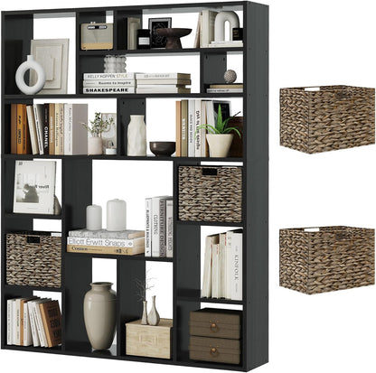 71” Tall Open Black Bookcase with Baskets, Free-Standing 6-Tier Wooden Display Storage Bookshelves
