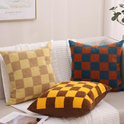Alysheer Checkered Embroidered Decorative Throw Pillow Covers 18"x 18" Set of 2, Farmhouse Maillard