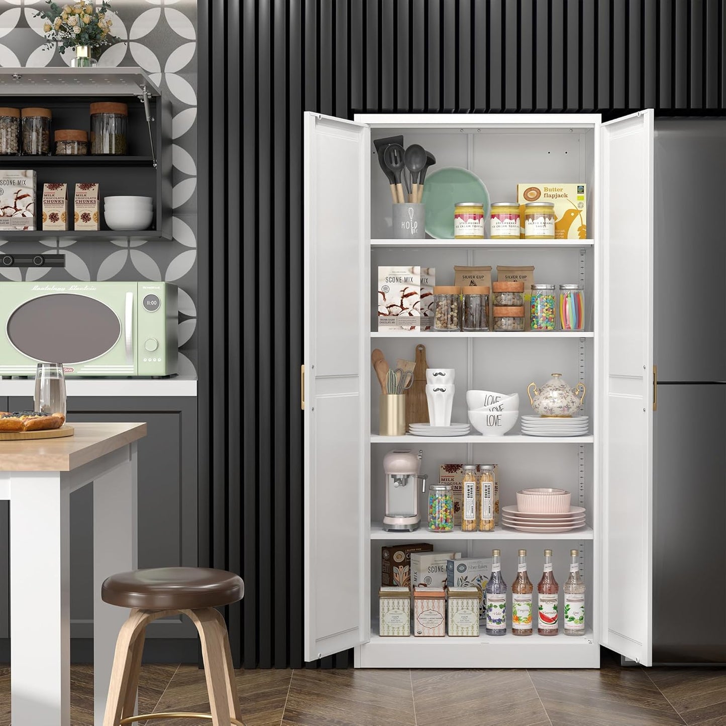 Kitchen Pantry Cabinet,71”White Metal Pantry Storage Cabinet with Doors and 4 Adjustable