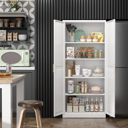 Kitchen Pantry Cabinet,71”White Metal Pantry Storage Cabinet with Doors and 4 Adjustable