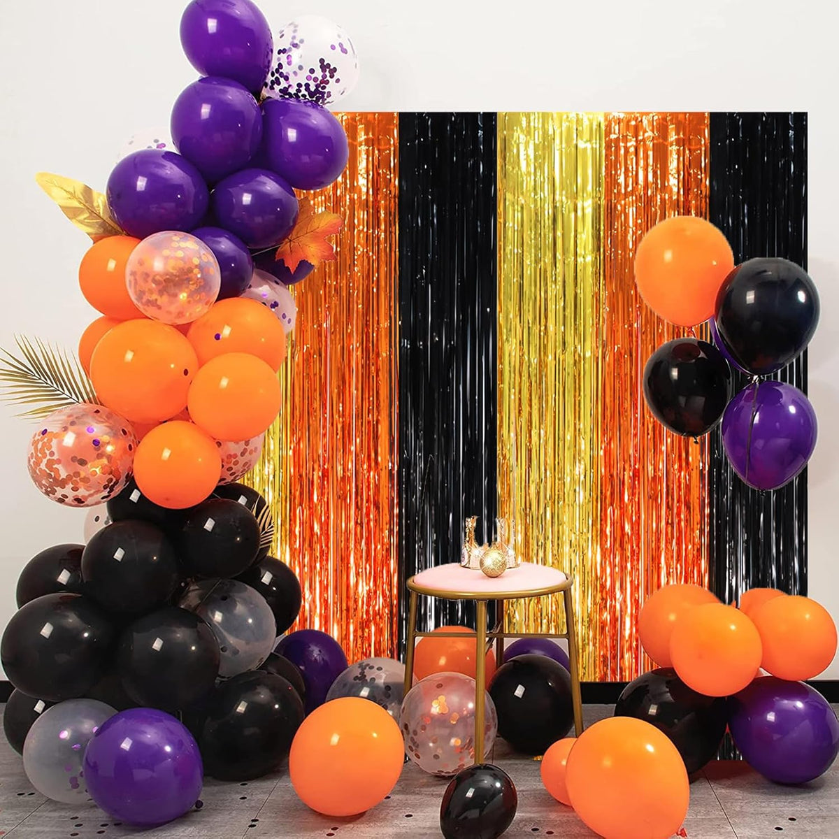 3 Pack 3.3 x 8.2 ft Black Gold Orange Foil Fringe Backdrop Curtains, Tinsel Streamers Party