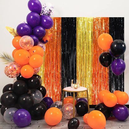 3 Pack 3.3 x 8.2 ft Black Gold Orange Foil Fringe Backdrop Curtains, Tinsel Streamers Party