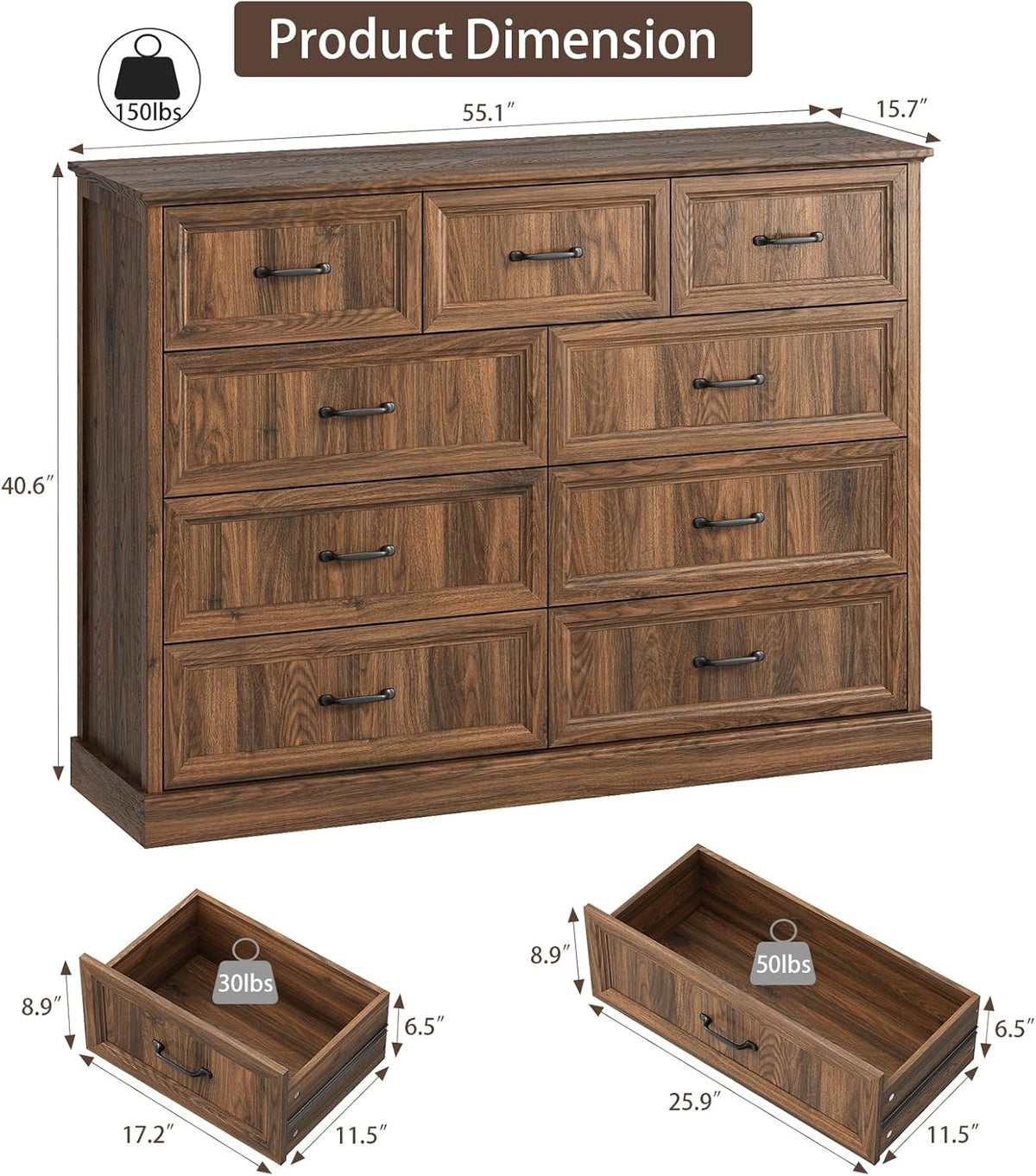 Farmhouse 9 Drawer Dresser for Bedroom, 55 Inch Wide Modern Walnut Dresser TV Stand with Large