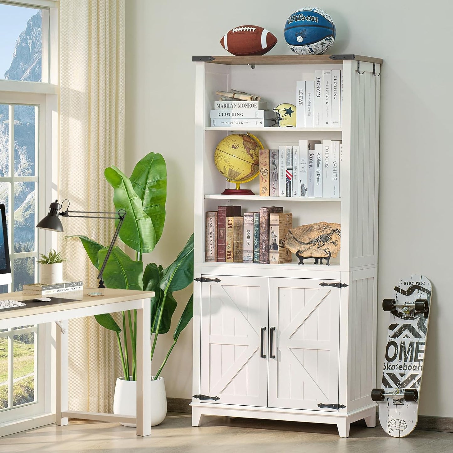 5 Tier Bookshelf 70in Tall Bookcase with Barn Doors and Storage Cabinet, White Farmhouse Book Shelf