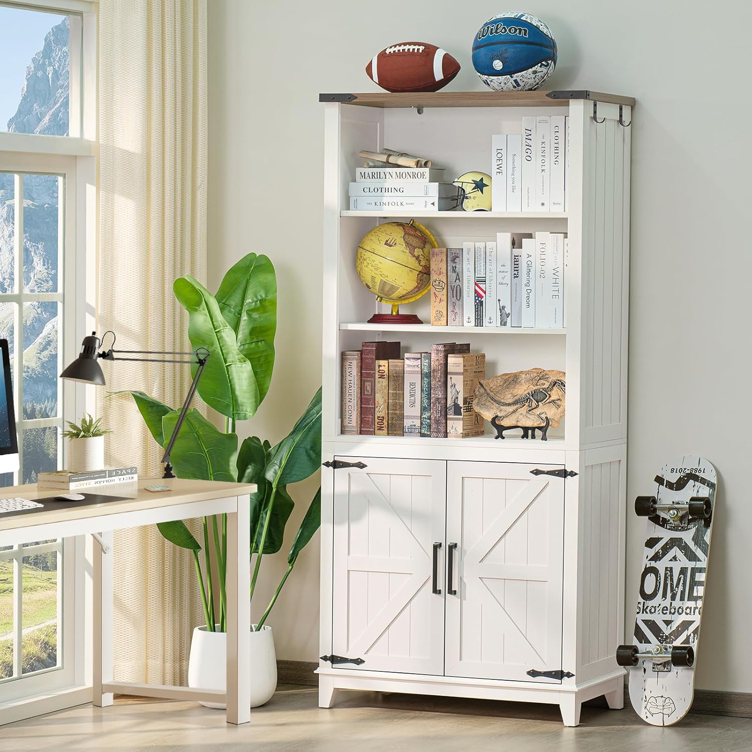 5 Tier Bookshelf 70in Tall Bookcase with Barn Doors and Storage Cabinet, White Farmhouse Book Shelf