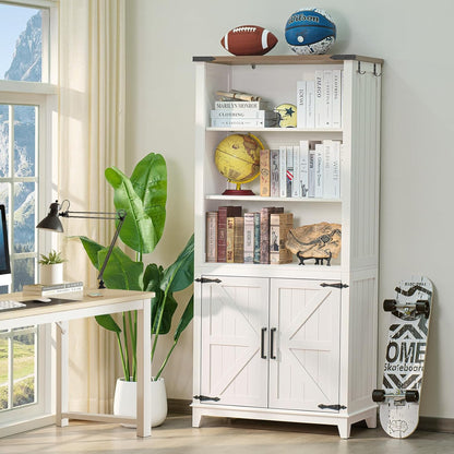 5 Tier Bookshelf 70in Tall Bookcase with Barn Doors and Storage Cabinet, White Farmhouse Book Shelf