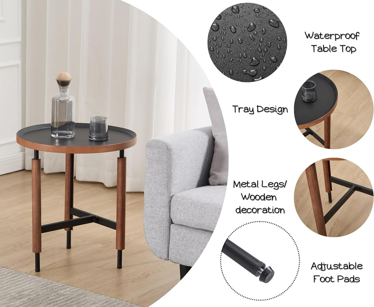 EALSON 19.5" Round Side Table Mid Cnetury Modern End Table for Couch Sofa with Black Metal