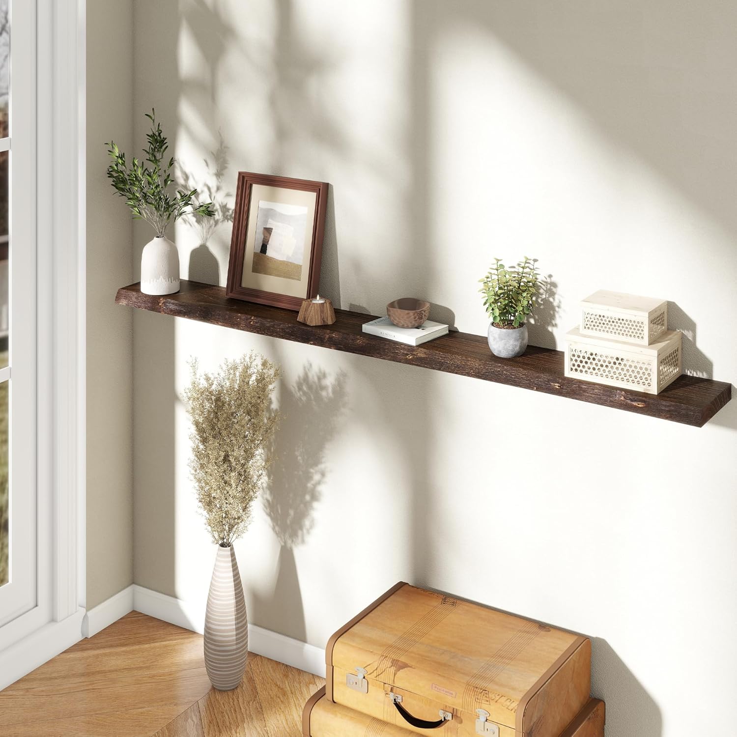 72" Floating Shelves, Live Edge Elm Wood Floating Shelf for Wall, Wall-Mounted Display Shelves with