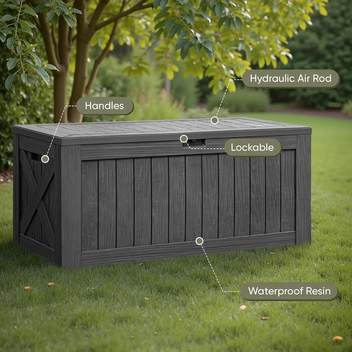 Flamaker Resin Deck Box 120 Gallon Waterproof Large Outdoor Indoor Storage Box Imitation Wood Resin