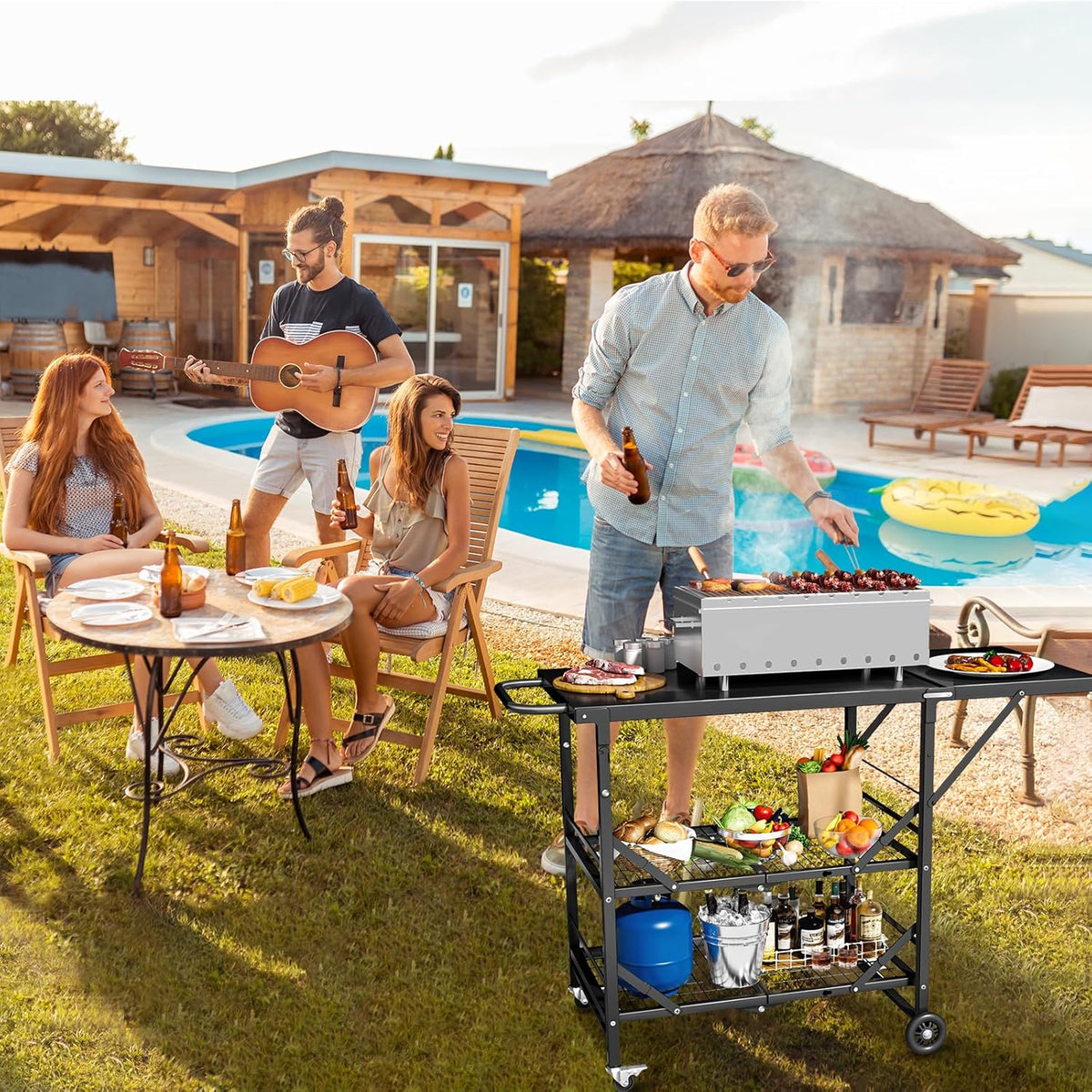 Himix Folding Grill Cart, 3 Tier Outdoor Grill Table with Side, 4 Hooks, Pizza Oven Cooking Prep