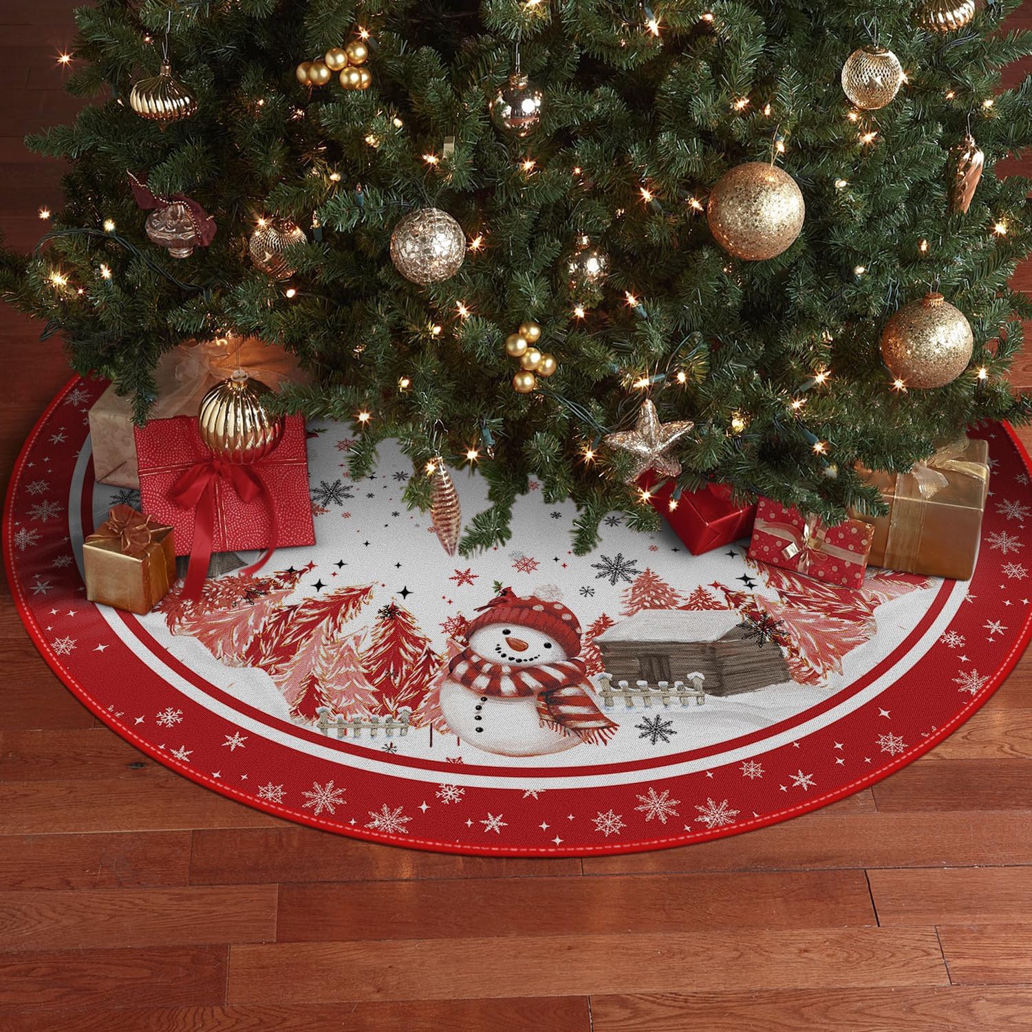 AVOIN colorlife Snowflake Snowman Cardinal Christmas Tree Skirt 48 Inch, Winter Holiday Tree Mat