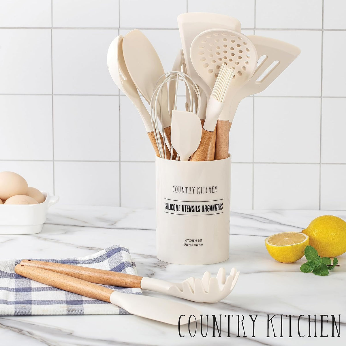 Country Kitchen Non Stick Silicone Utensil Set with Rounded Wood Handles for Cooking and Baking, 14