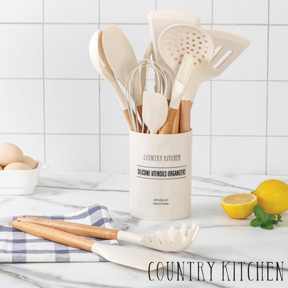 Country Kitchen Non Stick Silicone Utensil Set with Rounded Wood Handles for Cooking and Baking, 14