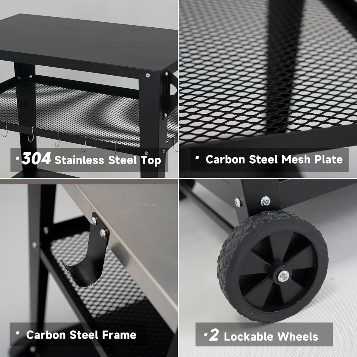 Black Outdoor Grill Cart with Wheels, Heavy-Duty 3-Tier BBQ Prep Table for Pizza Oven, Griddle