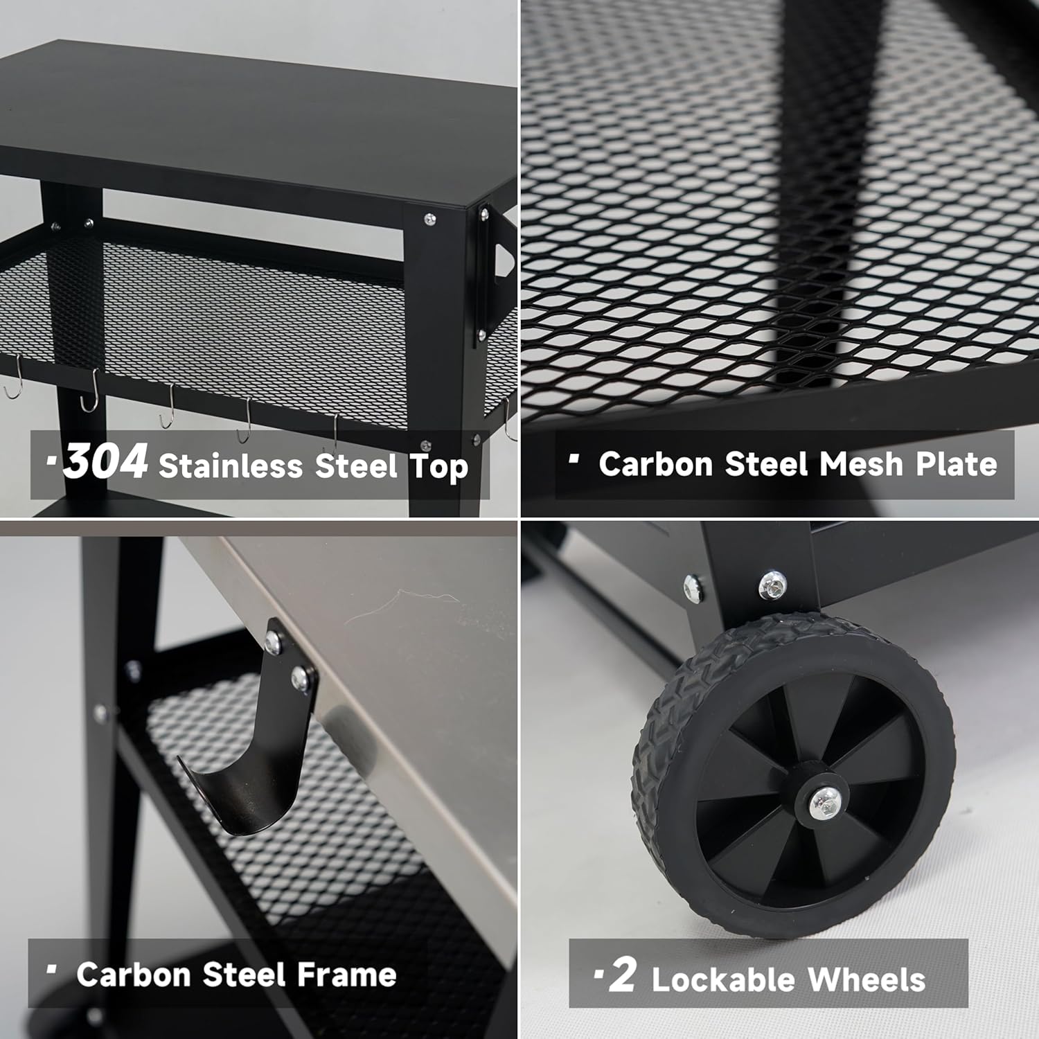 Black Outdoor Grill Cart with Wheels, Heavy-Duty 3-Tier BBQ Prep Table for Pizza Oven, Griddle