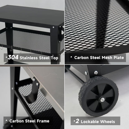 Black Outdoor Grill Cart with Wheels, Heavy-Duty 3-Tier BBQ Prep Table for Pizza Oven, Griddle