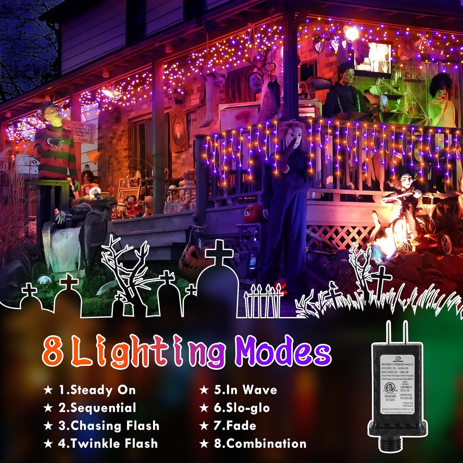 KNONEW 99FT 1216 LED Halloween Lights Decortation Orange Purple String Lights Outdoor with 228