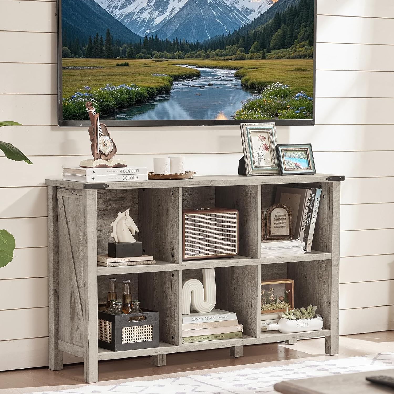 Farmhouse 6 Cube Bookshelf, Rustic Grey Oak Wooden Storage Organizer Book Shelf, 47 Inch Cubby