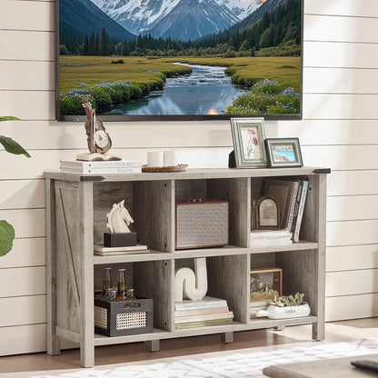 Farmhouse 6 Cube Bookshelf, Rustic Grey Oak Wooden Storage Organizer Book Shelf, 47 Inch Cubby