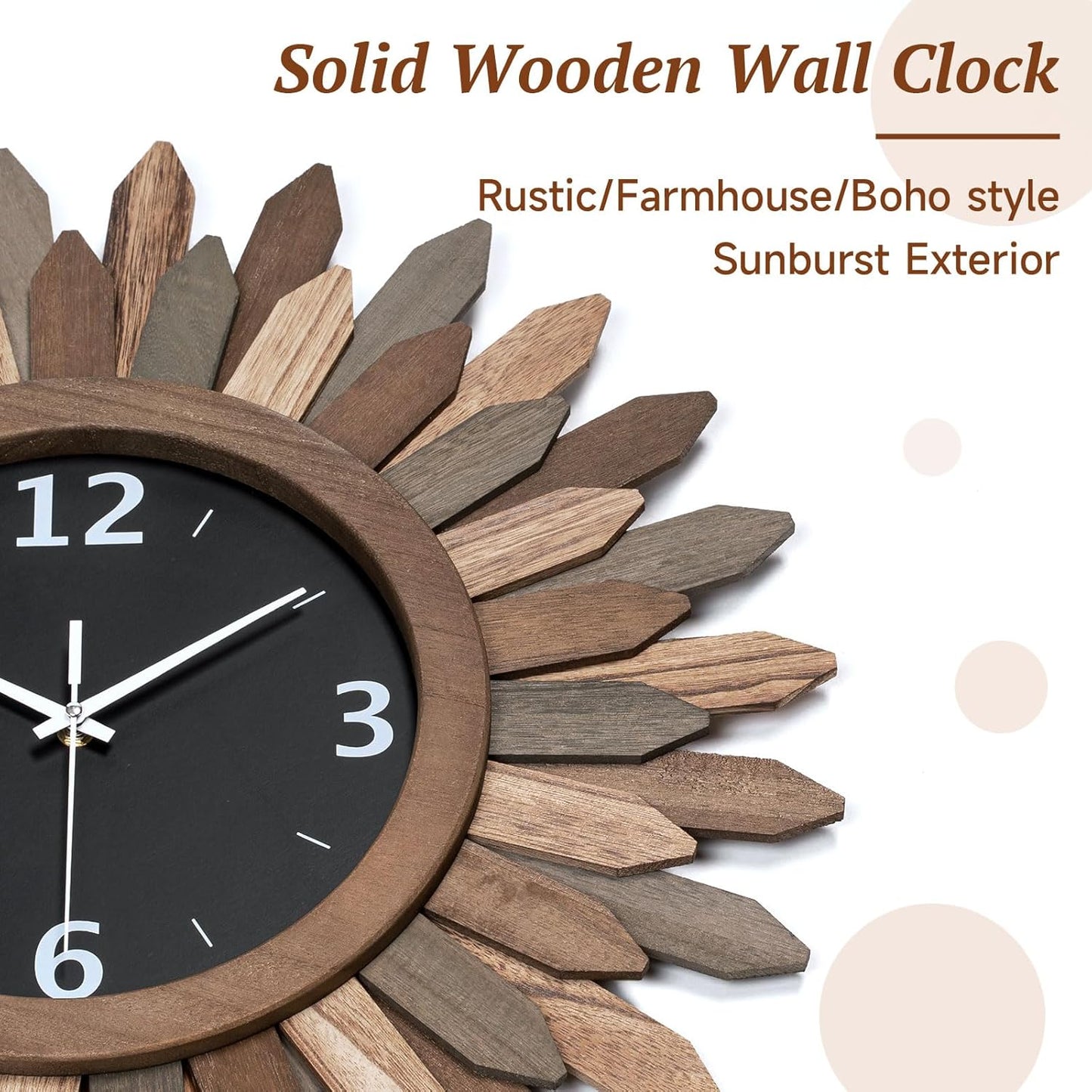Honiway Large Wall Clock Battery Operated 21 in Rustic Wood Boho Sunburst Decorative Wall Clock