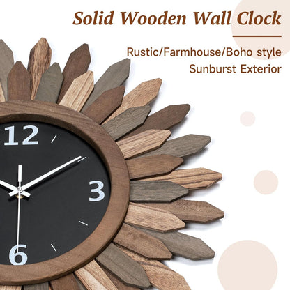Honiway Large Wall Clock Battery Operated 21 in Rustic Wood Boho Sunburst Decorative Wall Clock