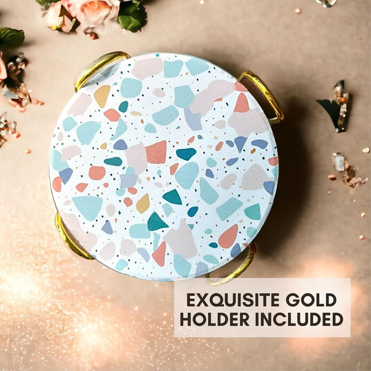Terrazzo Drink Absorbent Coasters with Holder Set of 6, Ceramic Coaster for Drinks, Coffee Table