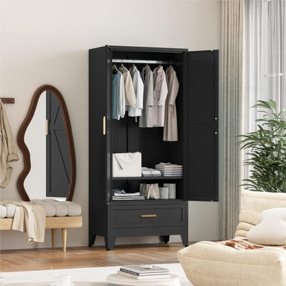 71'' Black Farmhouse Metal Wardrobe Cabinet with Hanging Rod, 2 Barn Door Wardrobe Closet with