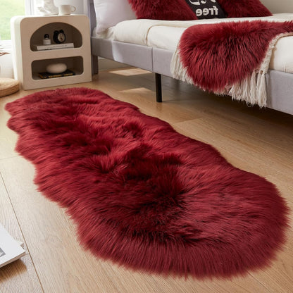 AMTOVO Faux Sheepskin Rug, Burgundy Ultra Soft Fluffy Shag Area Rug, 2 x 6 ft Faux Fur Rug for