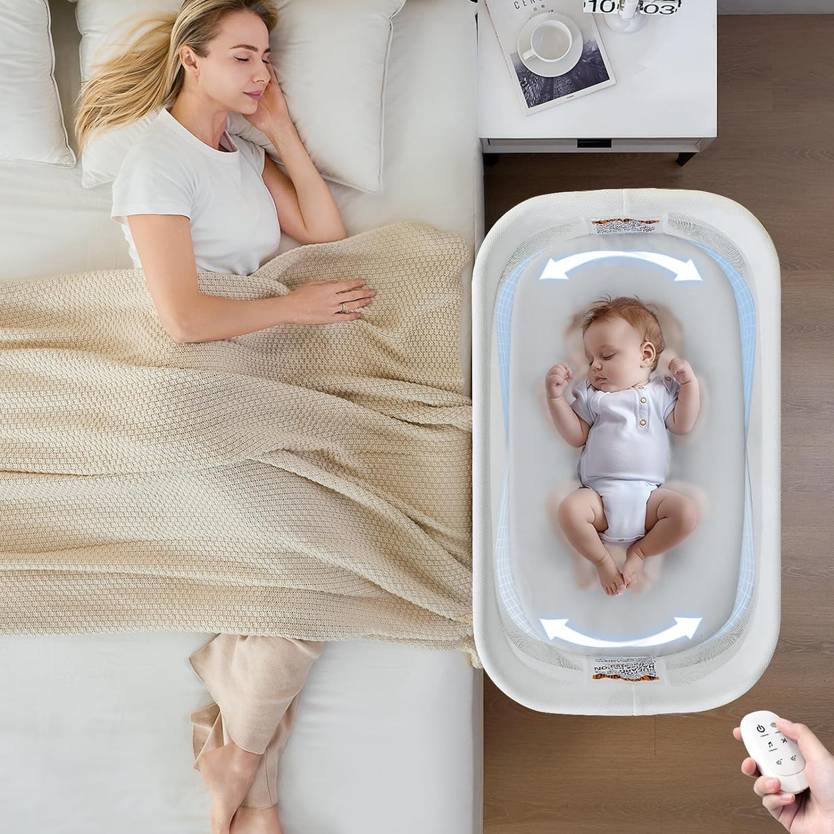 Electric Bassinet for Baby 3 Rocking Speeds, Auto Bedside Sleeper with 8 Soothing Music, Rocking