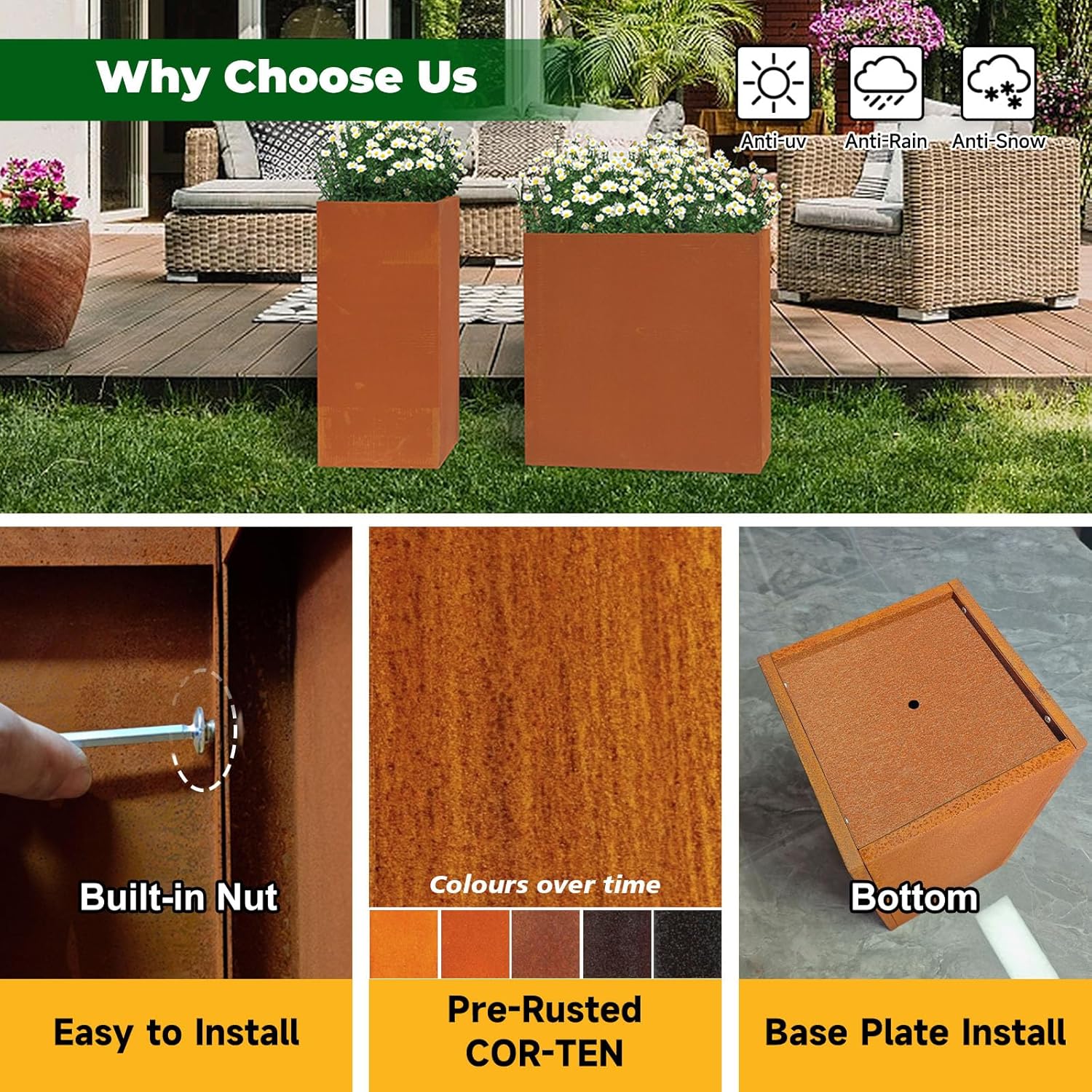 Corten Steel Metallic Heavy Planter for Outdoor Plants 14"x14"x30" Metal Planter Spliced Flower Pot