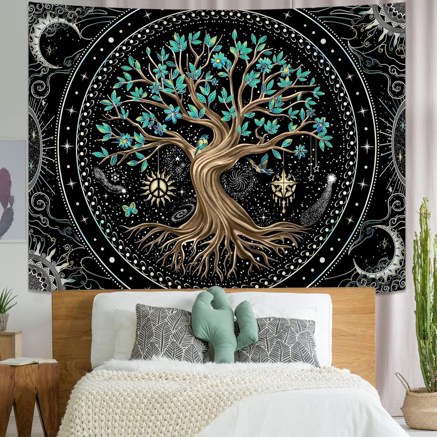 Lunerfex Tree of Life Tapastry Butterfly Moon Tapastry Flower Green Tree Tapestries Mandala Wall