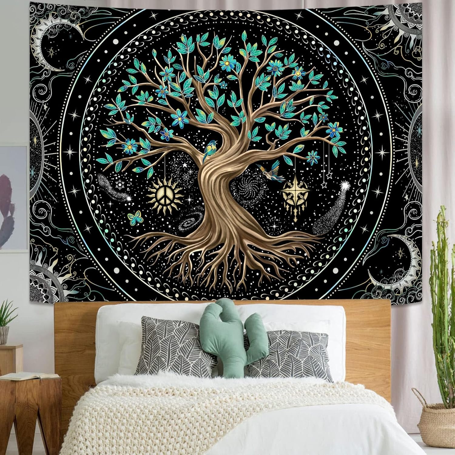 Lunerfex Tree of Life Tapastry Butterfly Moon Tapastry Flower Green Tree Tapestries Mandala Wall