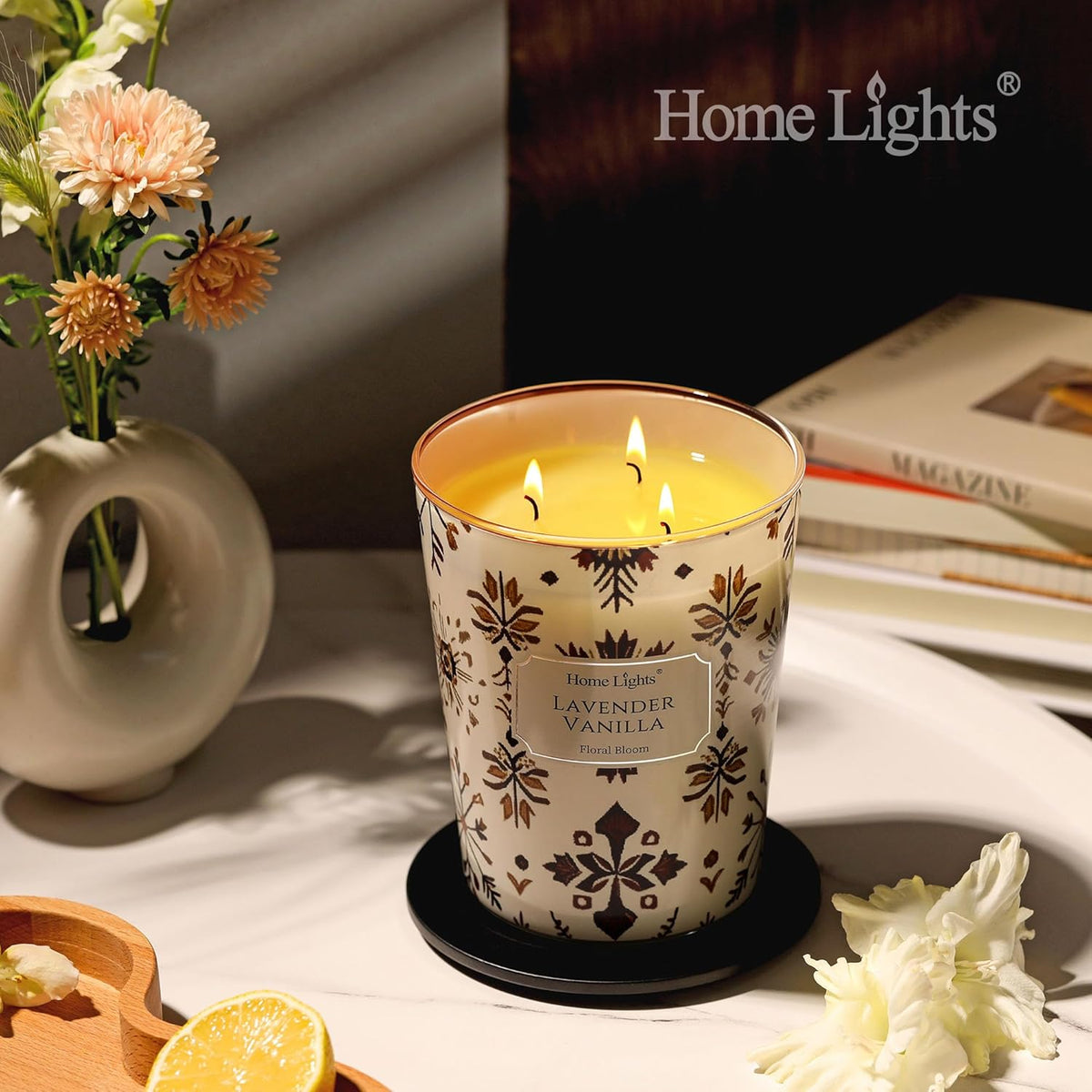 HomeLights Large jar Candle | 3-Wick Long-Lasting Scented Candles, 34oz Natural Soy Wax Candle for