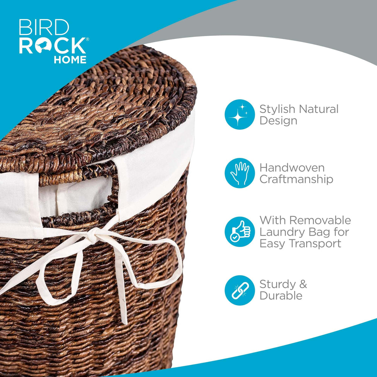BIRDROCK HOME Seagrass Laundry Hamper with Lid & Liner - Handwoven Round Basket with Handles for