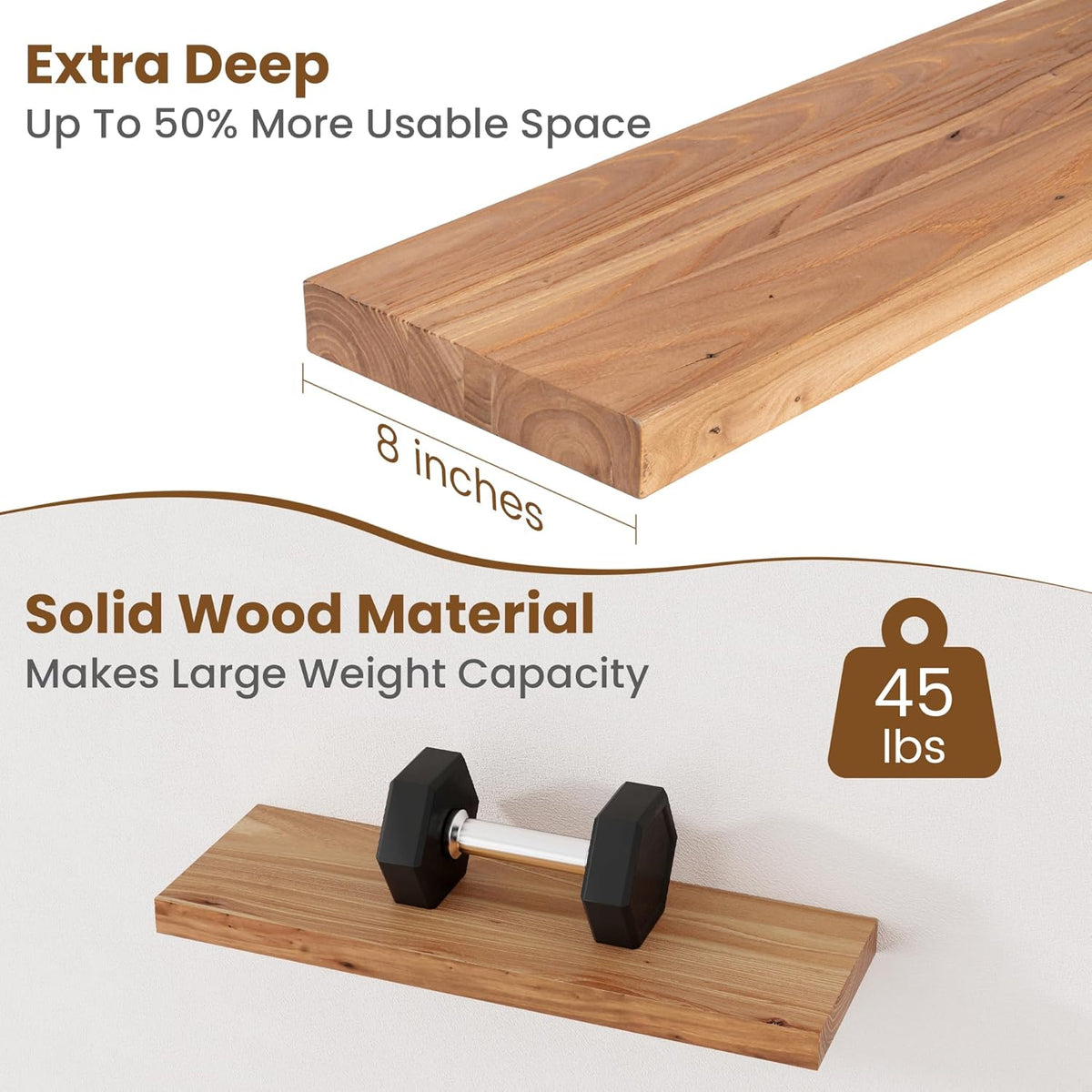 Floating Shelves for Wall Decor, 8" Deep Rustic Solid Elm Wood Floating Shelves Wall Mounted, Wall