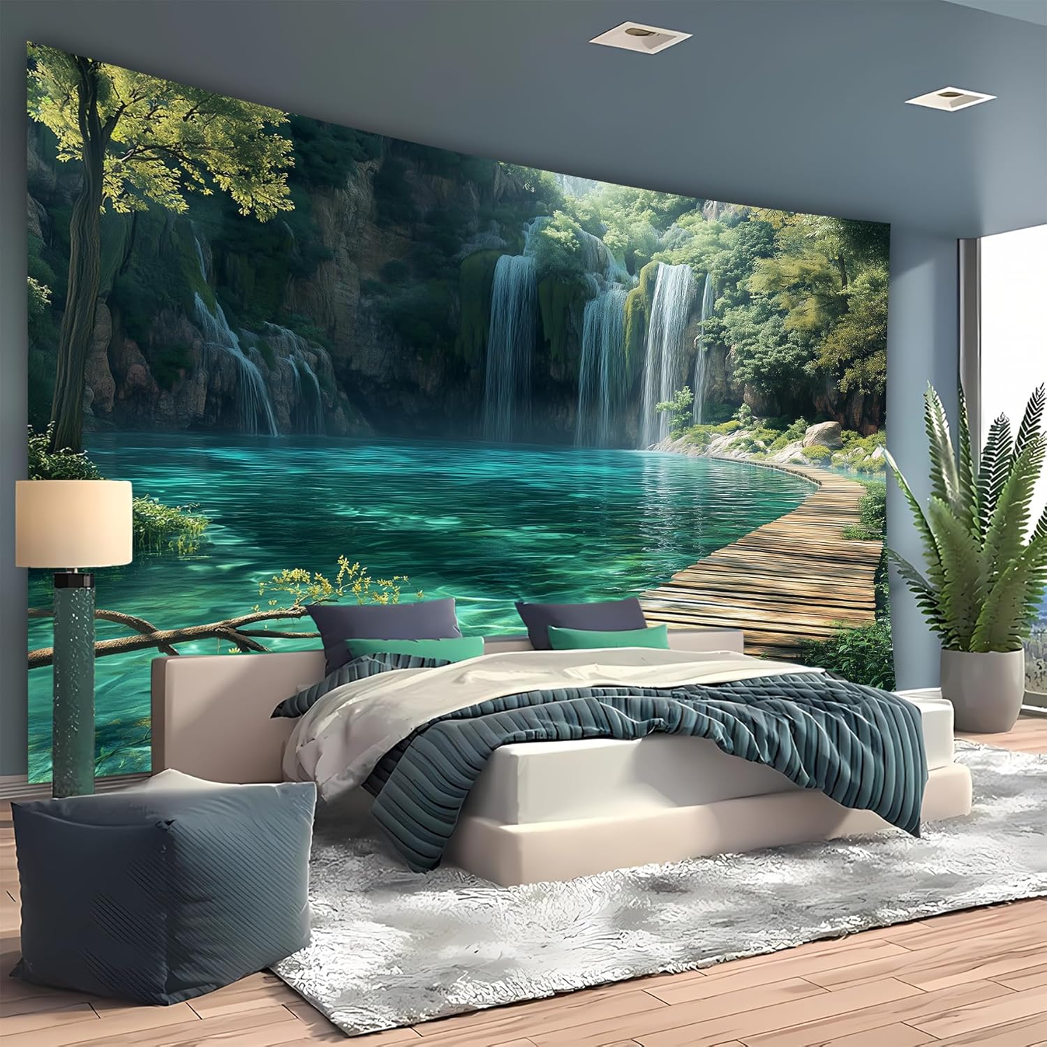 BSFHH Nature Tapestry Forest Tree Sea Cave Wall Hanging, Stream Through Rainforest Landscape Wall