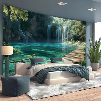 BSFHH Nature Tapestry Forest Tree Sea Cave Wall Hanging, Stream Through Rainforest Landscape Wall