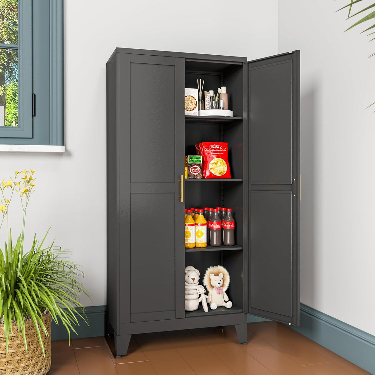 Metal Pantry Cabinet with 2 Doors and Adjustable Shelves, Kitchen Storage cabinets with Gold