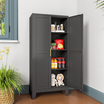 Metal Pantry Cabinet with 2 Doors and Adjustable Shelves, Kitchen Storage cabinets with Gold