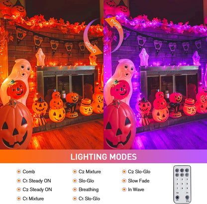 JMEXSUSS 100 LED Orange & Purple Halloween Lights - Plug in, Connectable Color Changing String